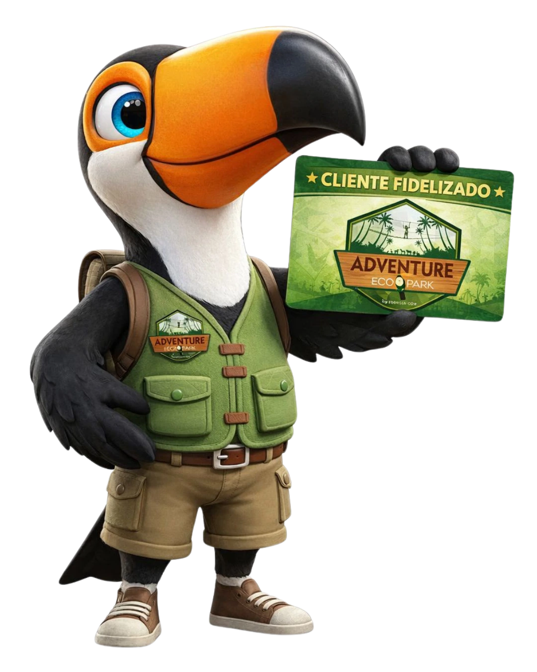 Mascote do Adventure Eco Park apresentando o cartão Cliente Fidelizado